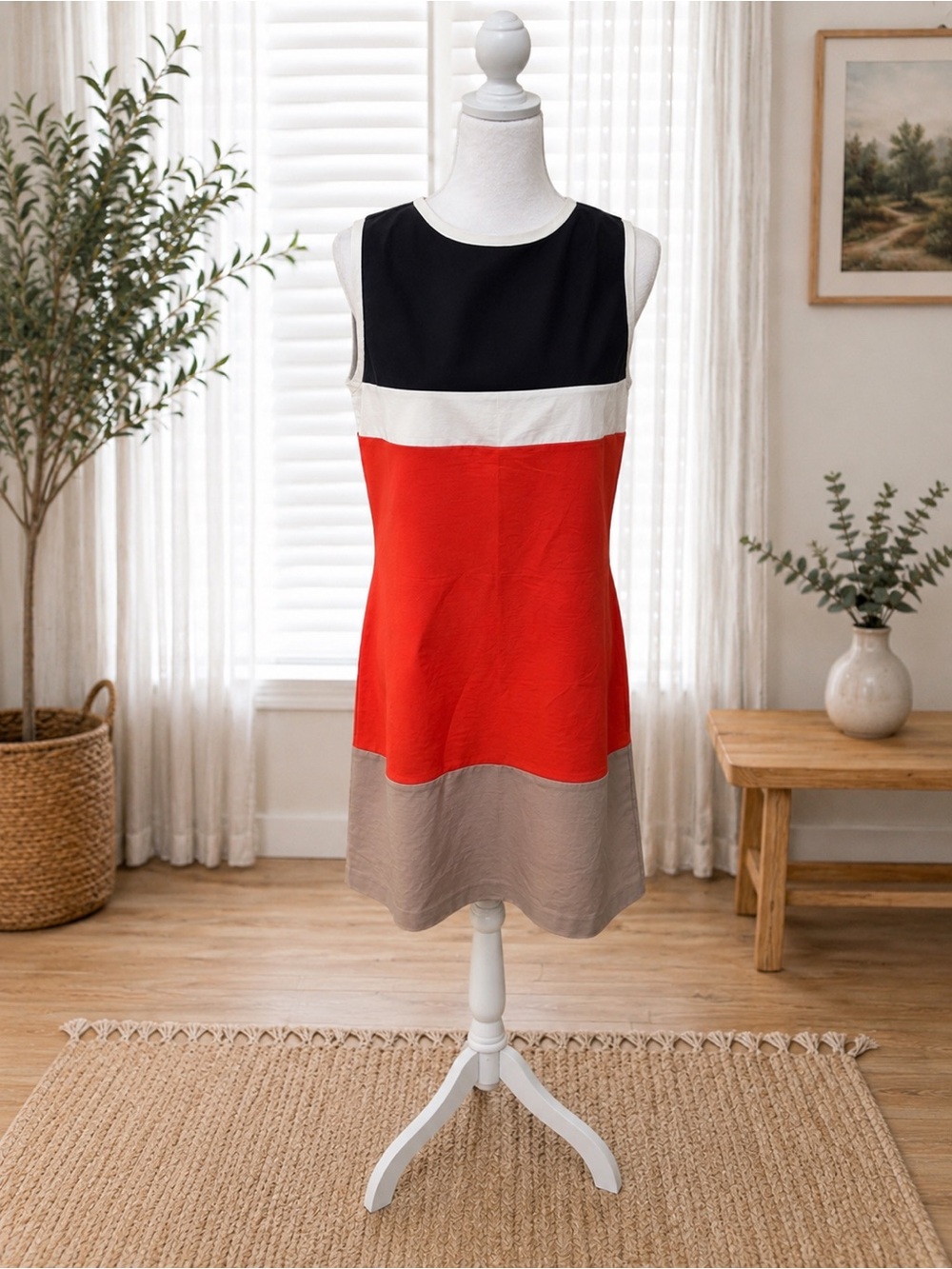 Roz & Ali Black, White, Red & Taupe Colorblock Sleeveless Shift